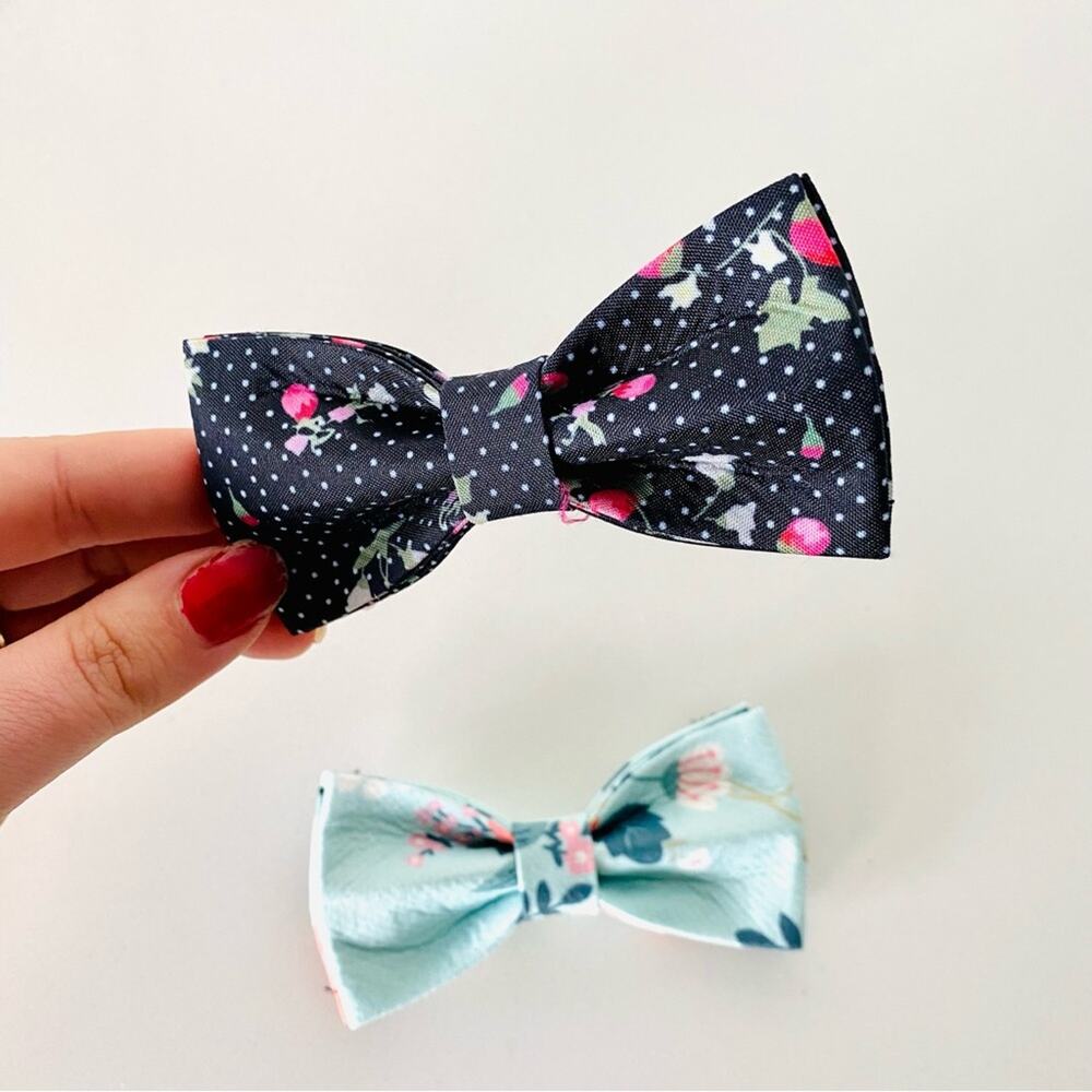 NEW HANDMADE Navy Blue Polka Dot Pink Floral Dog Cat Pet Collar Elastic Bow Tie
